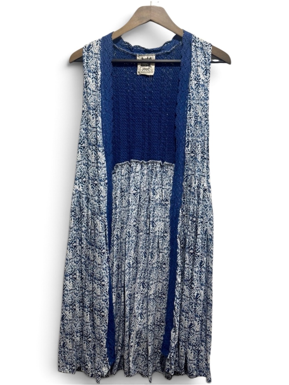 Boho Crochet Trim Long Duster Vest Sleeveless Cardigan Small